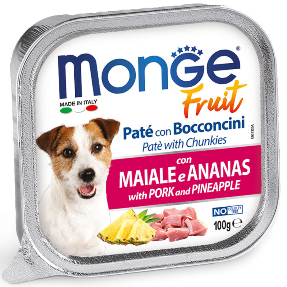 MONGE Fruit, XS-XL, Porc și Ananas, tăviță hrană umedă fără cereale câini, (în suc propriu), bax, 100g x 32buc