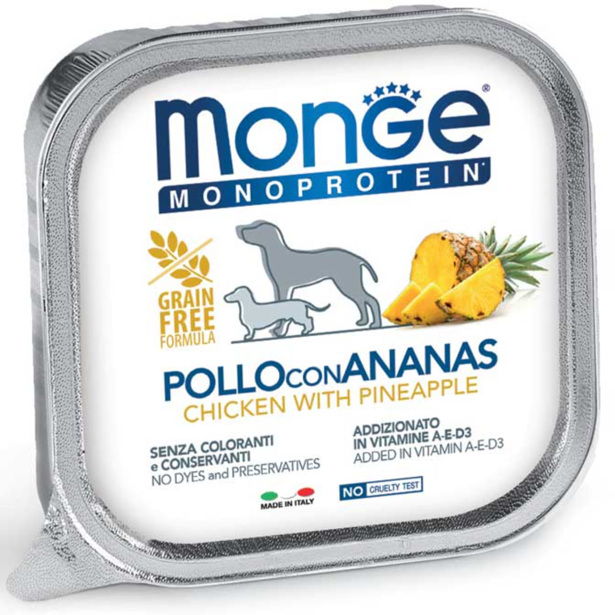 MONGE Monoprotein, XS-XL, Pui și Ananas, tăviță hrană umedă monoproteică fără cereale câini, (pate), bax, 150g x 24buc