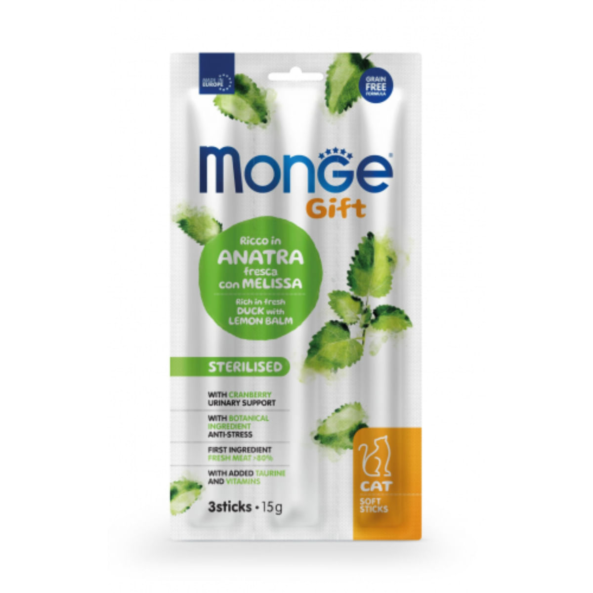 MONGE Gift Sterilised Soft Sticks, Rață, punguță recompense funcționale fără cereale pisici sterilizate, 15g