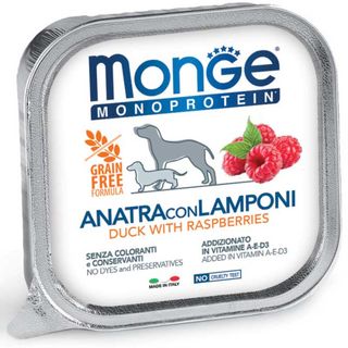 MONGE Monoprotein, XS-XL, Rață și Zmeură, tăviță hrană umedă monoproteică fără cereale câini, (pate), 150g