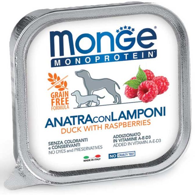 MONGE Monoprotein, XS-XL, Rață și Zmeură, tăviță hrană umedă monoproteică fără cereale câini, (pate), 150g