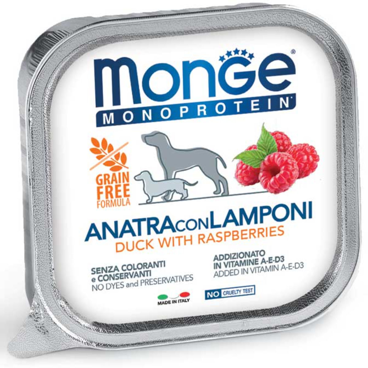 MONGE Monoprotein, XS-XL, Rață și Zmeură, tăviță hrană umedă monoproteică fără cereale câini, (pate), 150g - 1 | YEO
