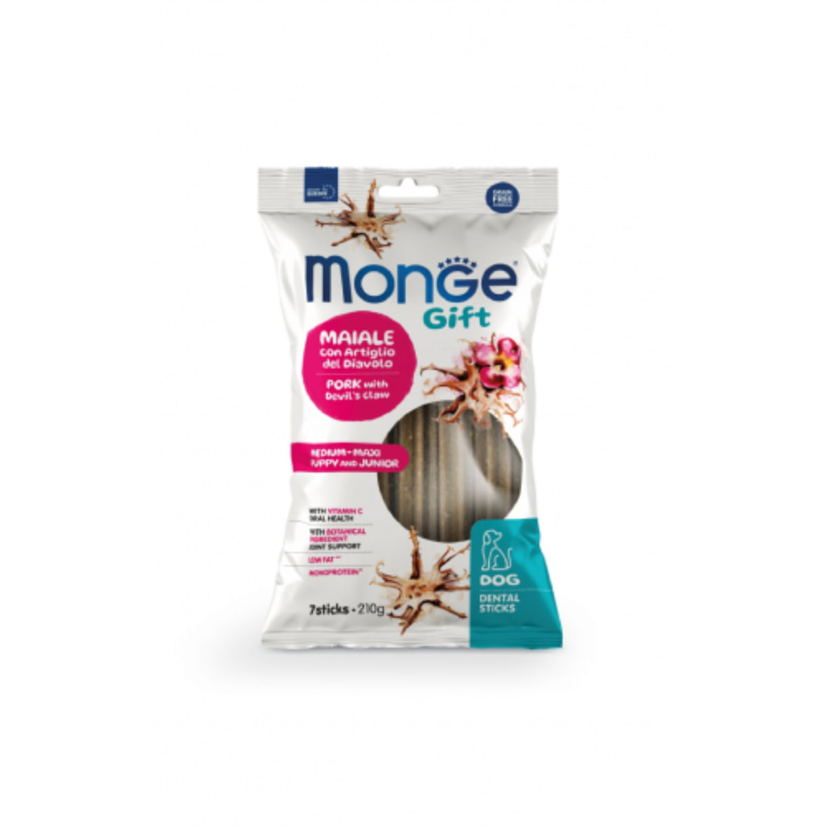 MONGE Gift Puppy&Junior Medium and Maxi Dental Sticks, M-XL, Porc și Gheara Diavolului, punguță recompense funcționale fără cereale câini junior, 210g