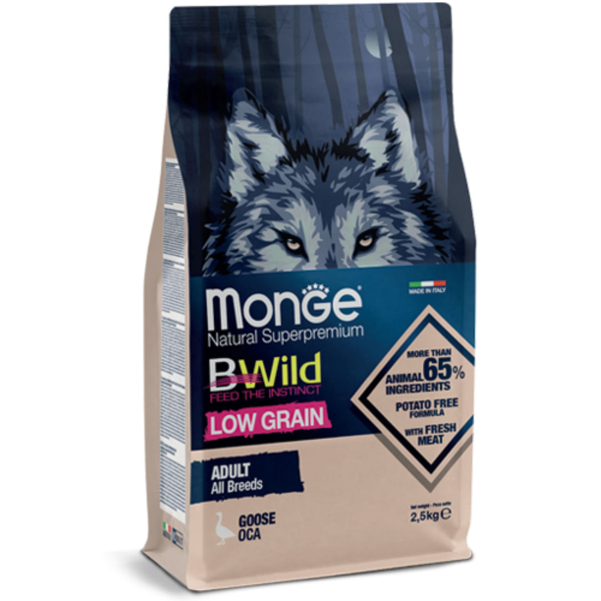 MONGE BWild, XS-XL, Gâsca, hrană uscată conținut redus cereale câini, 12kg