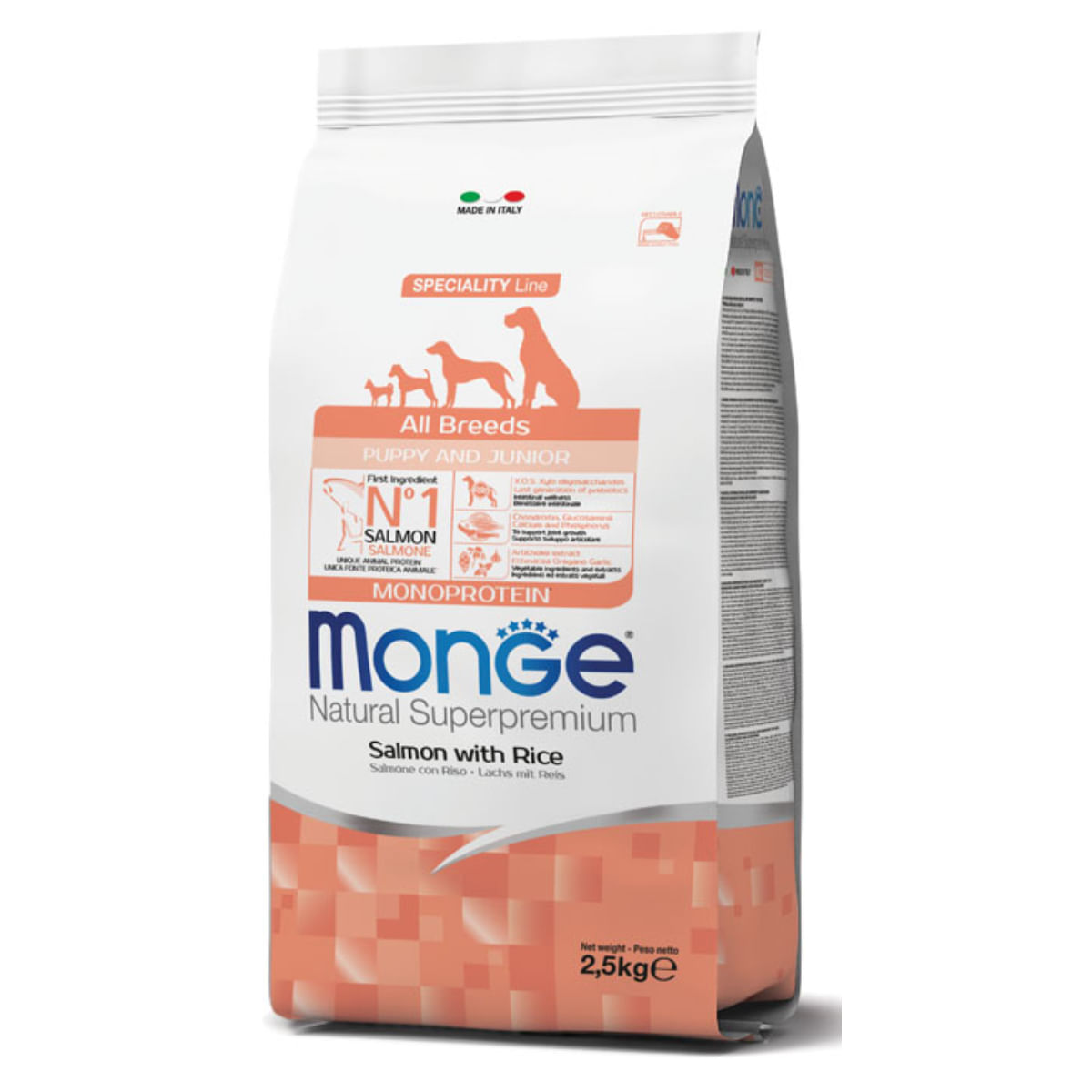 MONGE Natural Superpremium Monoprotein Puppy&Junior, XS-XL, Somon și Orez, hrană uscată câini junior, 2.5kg