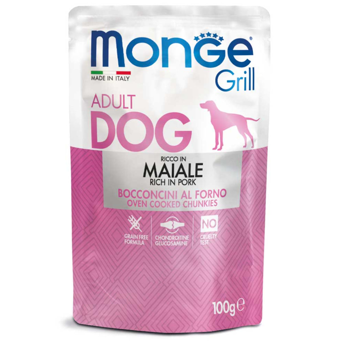 MONGE Grill, XS-XL, Porc, plic hrană umedă câini, (în suc propriu), 100g