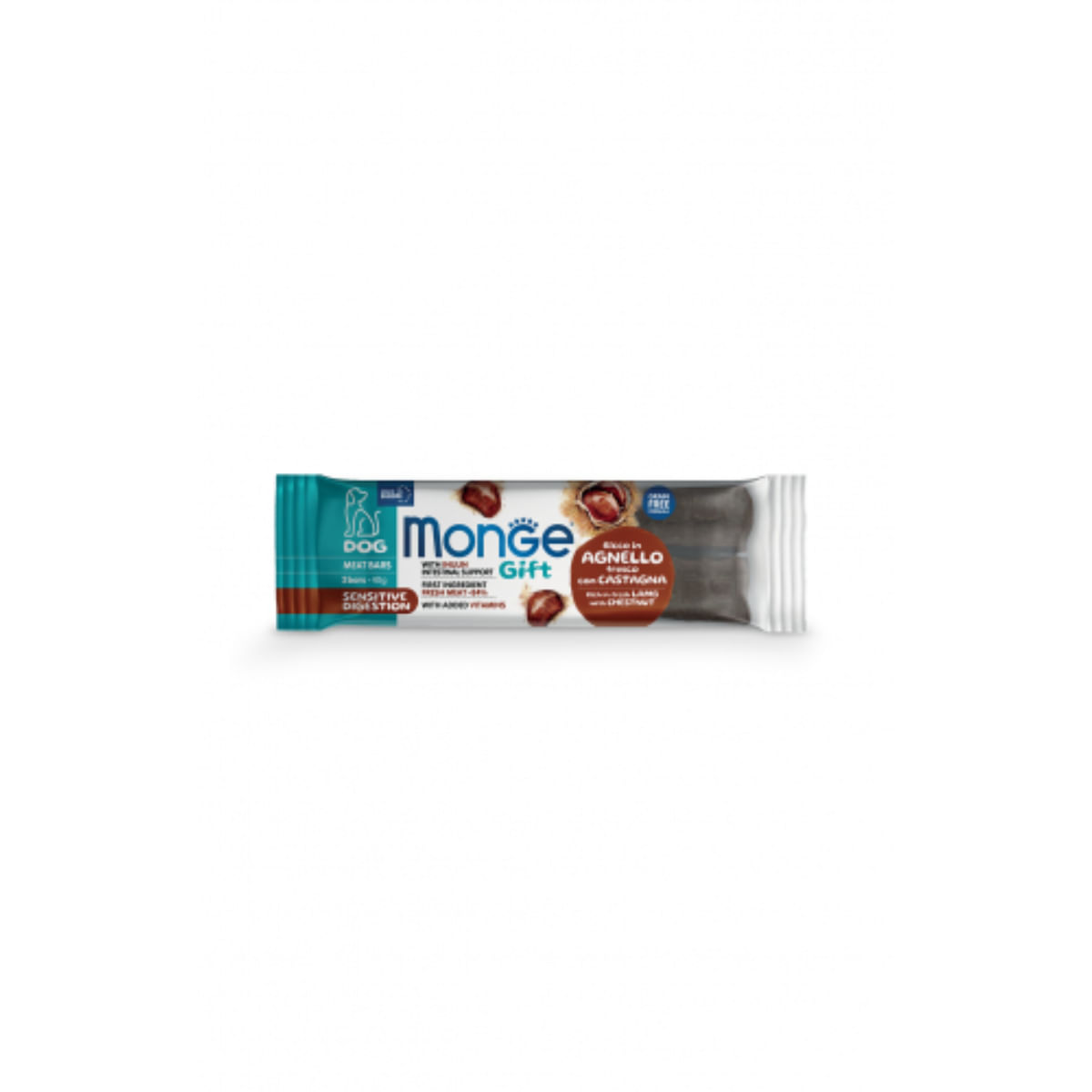 MONGE Gift Sensitive Digestion Meat Bars, XS-XL, Miel și Castane, punguță recompense funcționale fără cereale câini, sistem digestiv, 40g