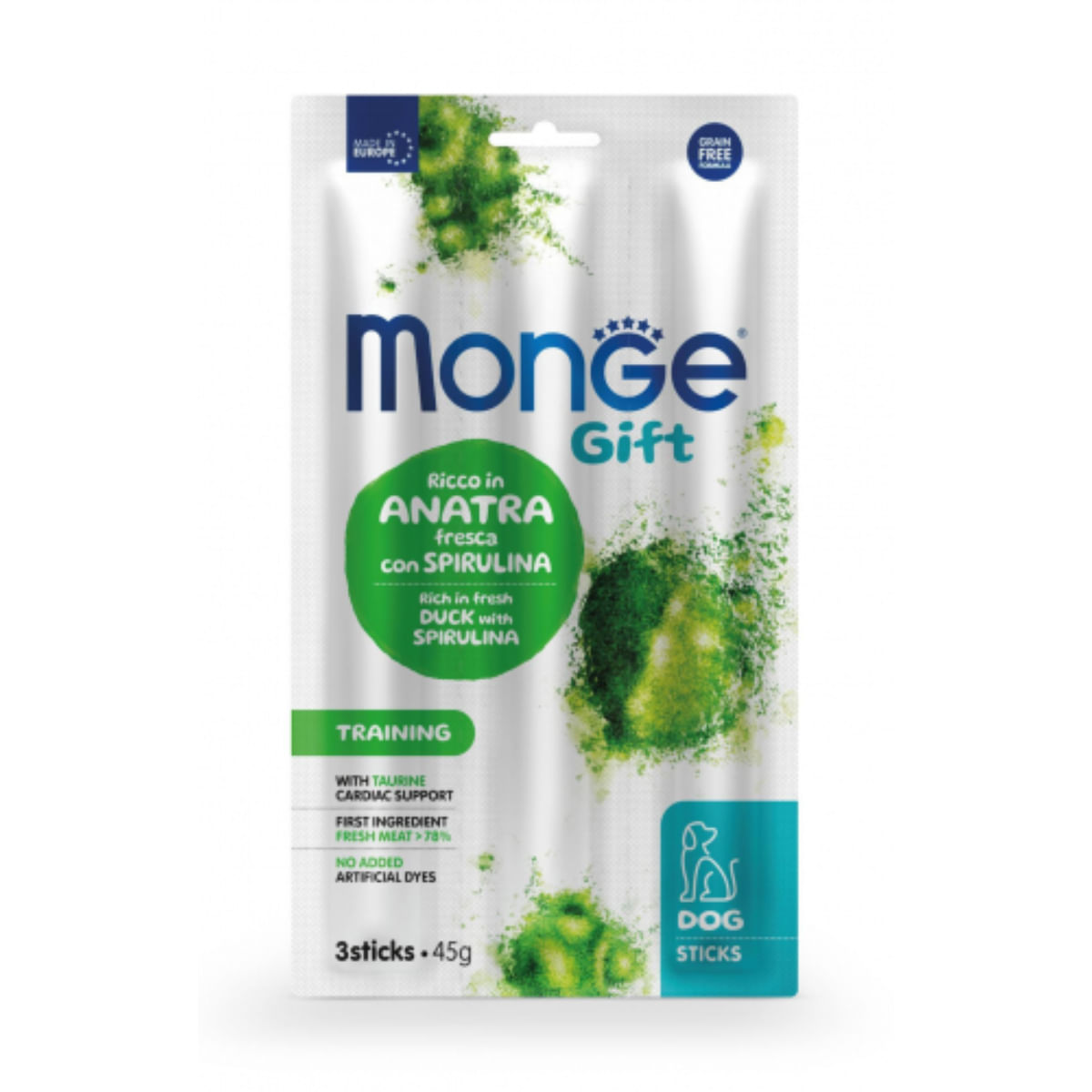 MONGE Gift Training Spirulina Sticks, XS-XL, Rață și Spirulină, punguță recompense funcționale fără cereale câini, 45g