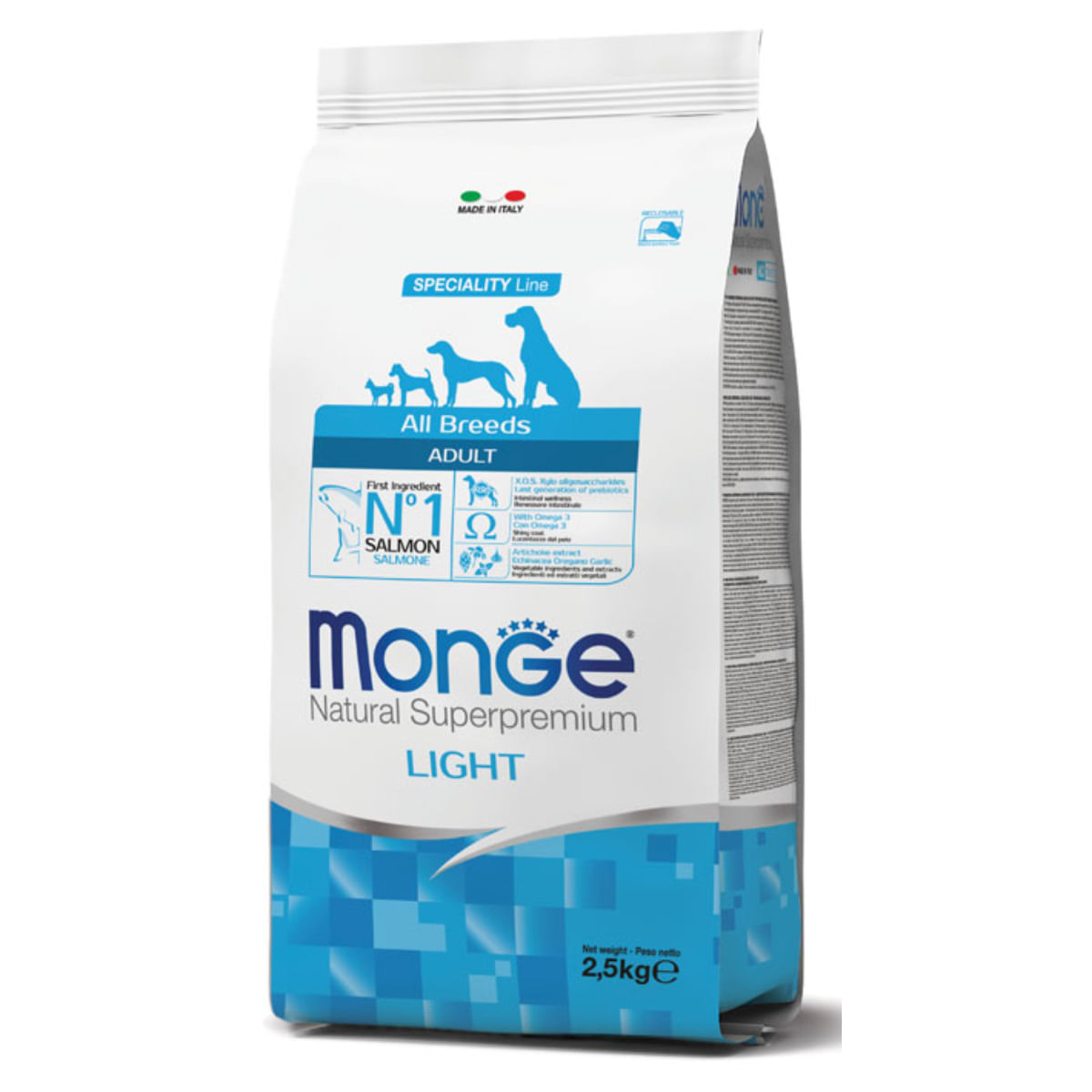 MONGE Natural Superpremium Monoprotein Light, XS-XL, Somon și Orez, hrană uscată câini, obezitate, 12kg