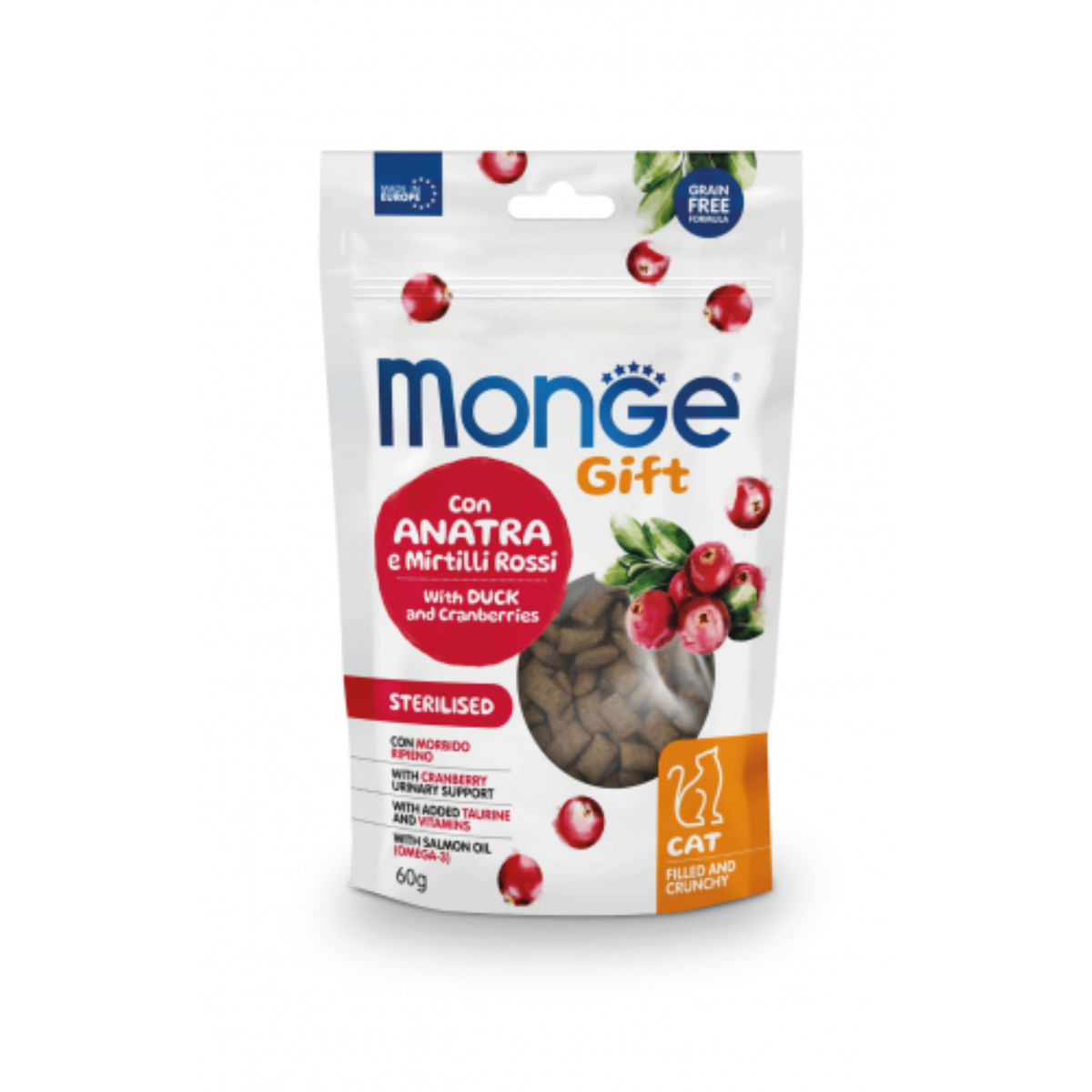 MONGE Gift Sterilised  Filled & Crunchy, Rață și Merișoare, punguță recompense funcționale fără cereale pisici sterilizate, 60g