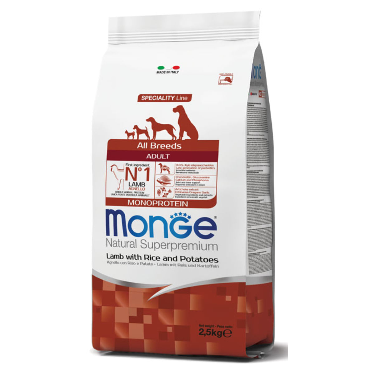 MONGE Natural Superpremium Monoprotein, XS-XL, Miel și Orez, hrană uscată câini, 2.5kg