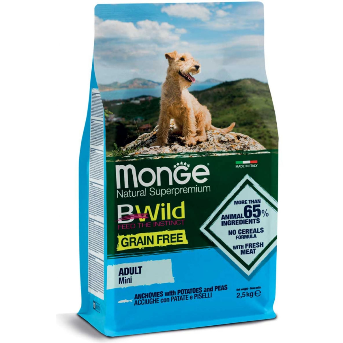 MONGE BWild Adult Mini, XS-S, Anșoa și Cartofi, hrană uscată fără cereale câini, 2.5kg