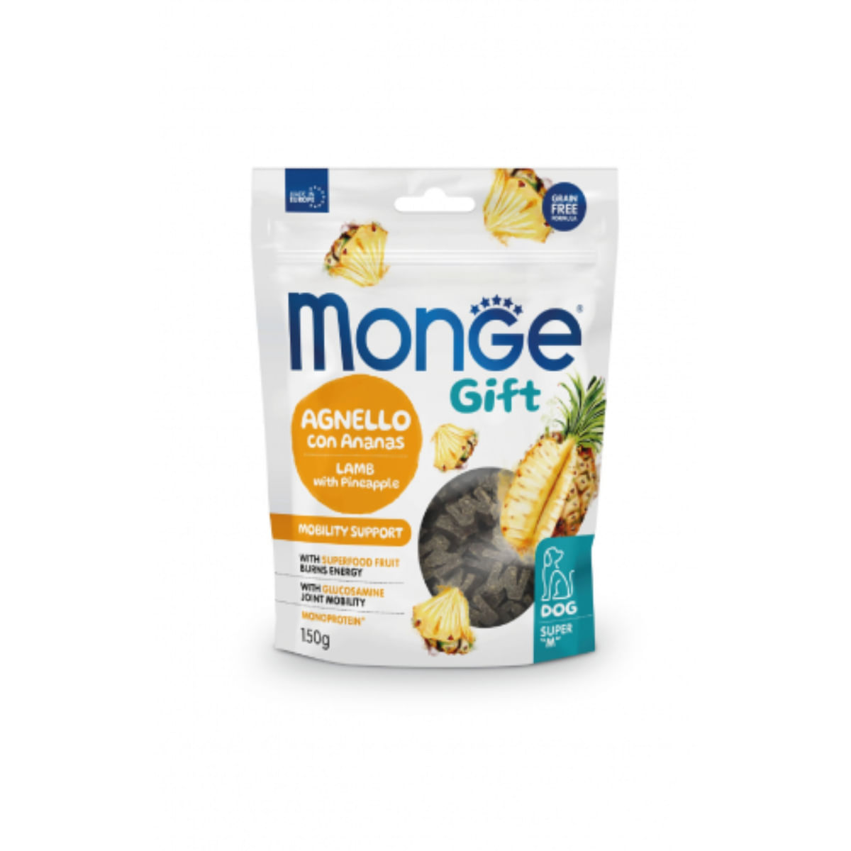 MONGE Gift Super M Mobility Support, XS-XL, Miel și Ananas, punguță recompense funcționale fără cereale câini, sistem articular, 150g