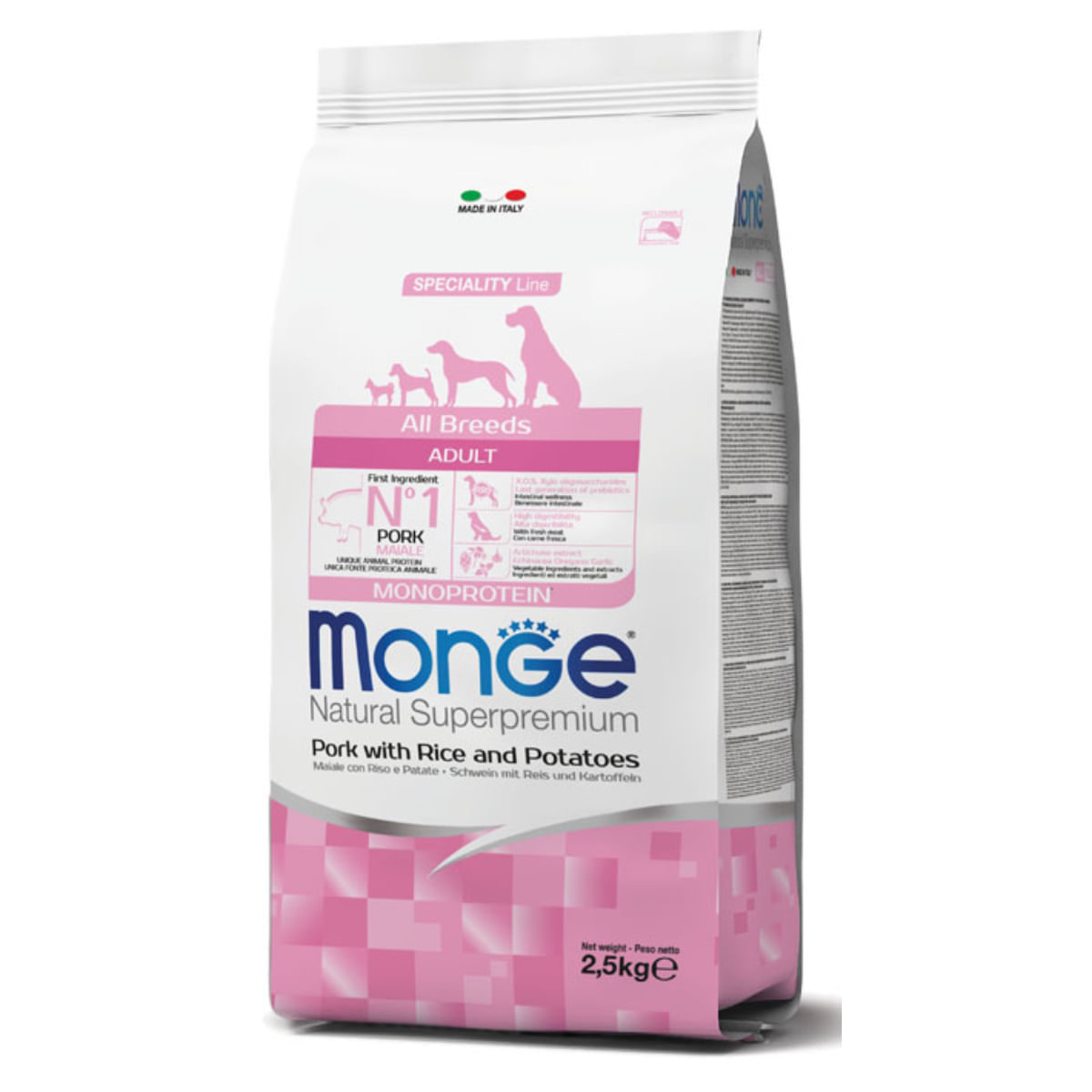 MONGE Natural Superpremium Monoprotein, XS-XL, Porc și Orez, hrană uscată câini, 12kg