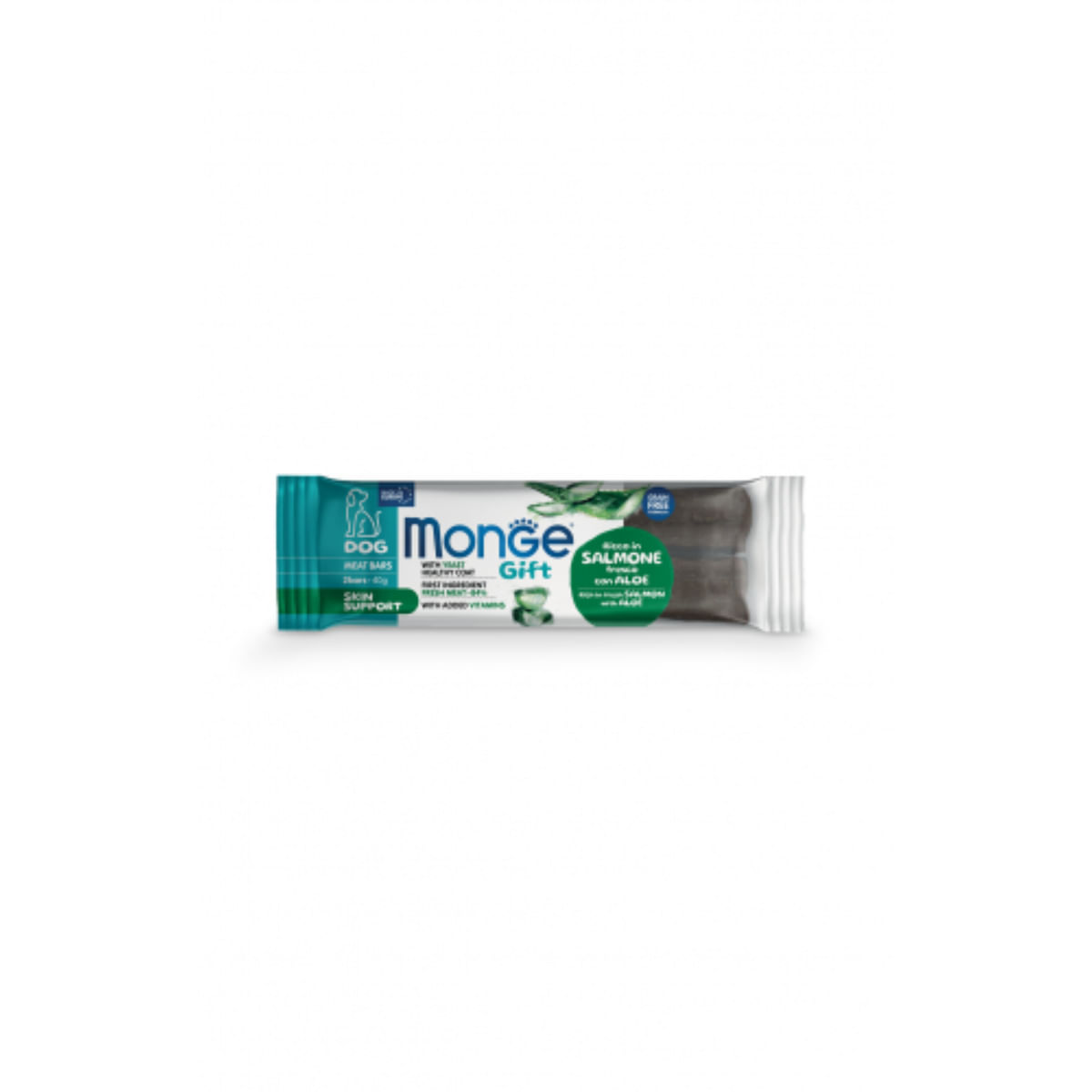 MONGE Gift Skin Support Meat Bars, XS-XL, Somon și Aloe Vera, punguță recompense funcționale fără cereale câini, piele & blană, 40g