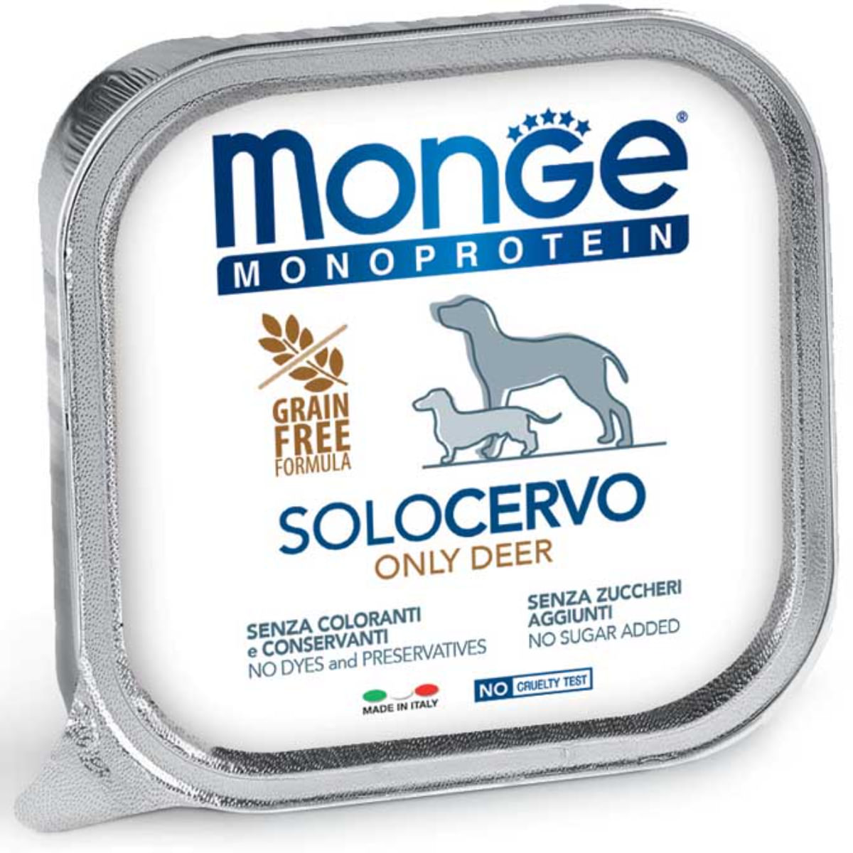 MONGE Monoprotein, XS-XL, Căprioară, tăviță hrană umedă monoproteică fără cereale câini, (pate), 150g