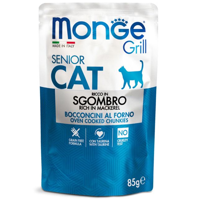 MONGE Grill Senior, Macrou, plic hrană umedă fără cereale pisici senior, (în aspic), 85g