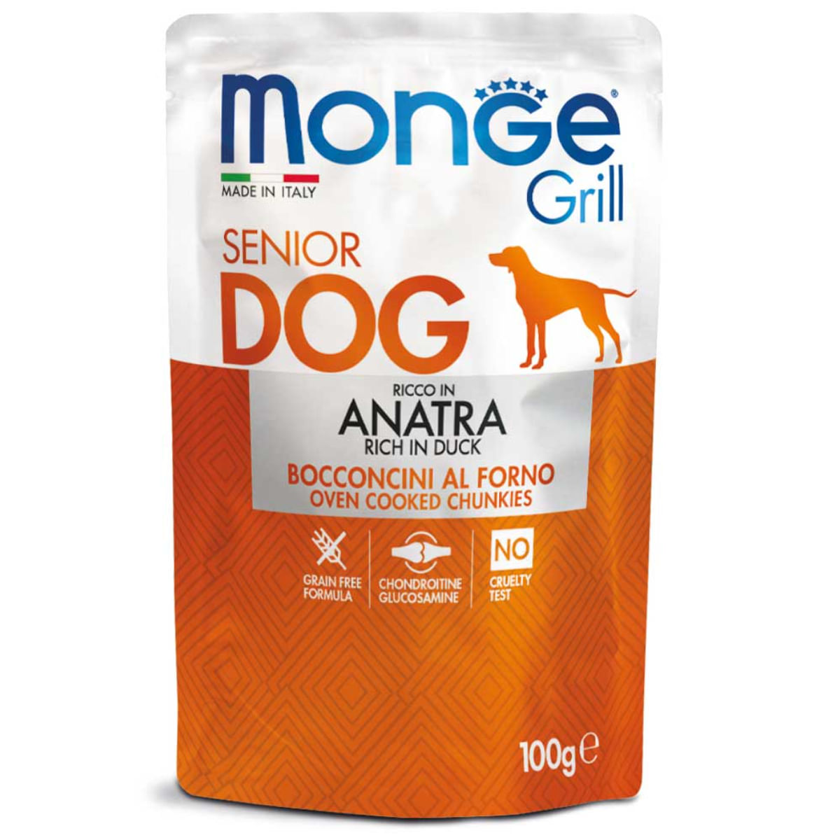 MONGE Grill Senior, XS-XL, Rață, plic hrană umedă câini senior, (în suc propriu), 100g