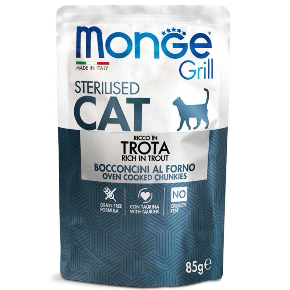 MONGE Grill Sterilised, Păstrăv, plic hrană umedă fără cereale pisici sterilizate, obezitate, apetit capricios, (în aspic), bax, 85g x 28buc