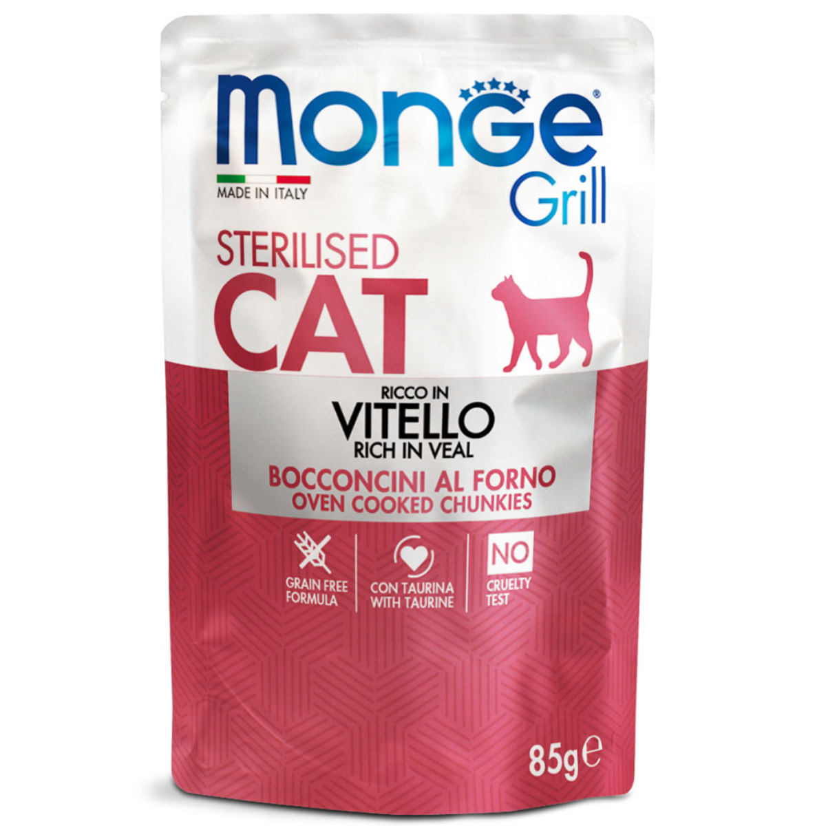 MONGE Grill Sterilised, Vițel, plic hrană umedă fără cereale pisici sterilizate, obezitate, apetit capricios, (în aspic), 85g