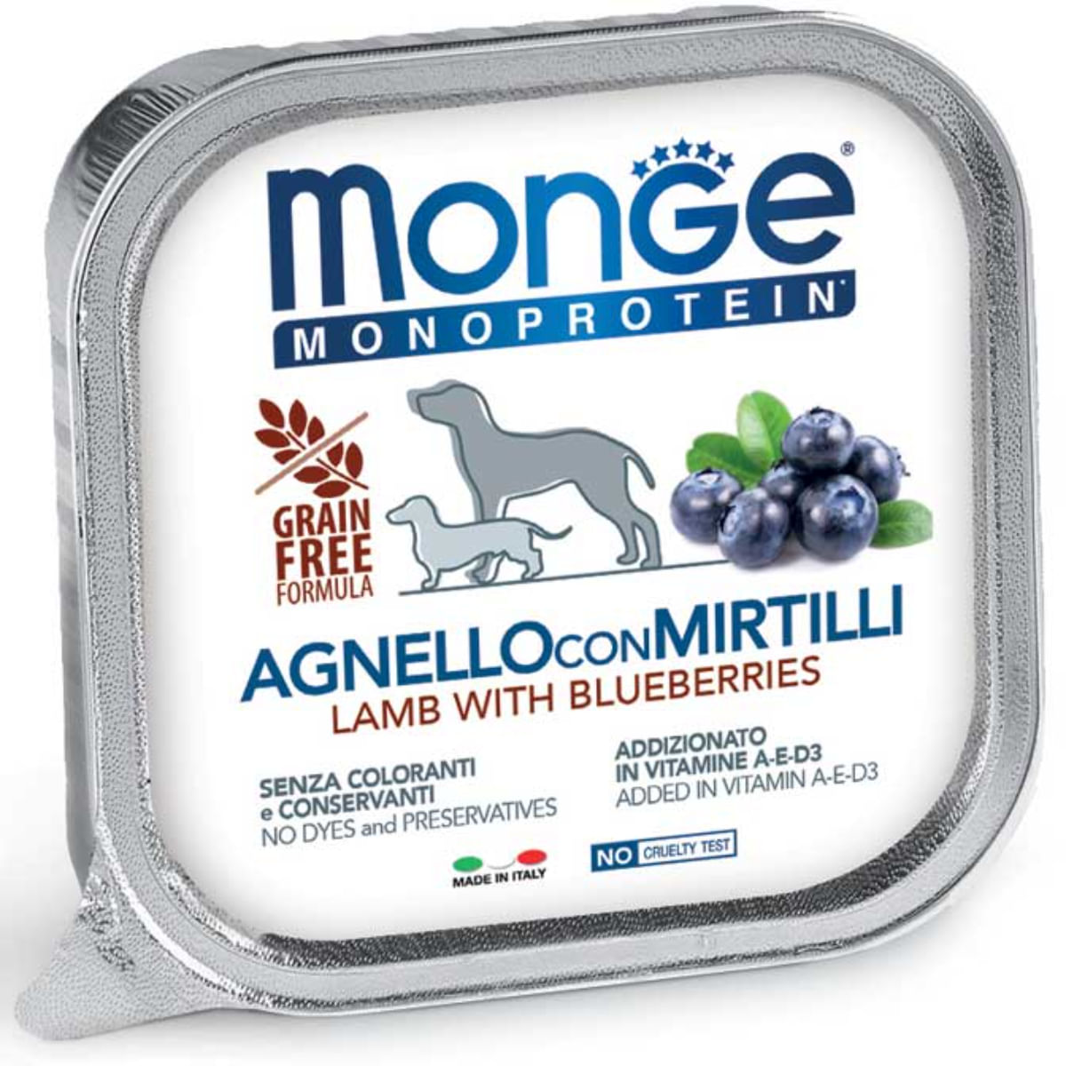 MONGE Monoprotein, XS-XL, Miel și afine, tăviță hrană umedă monoproteică fără cereale câini, (pate), bax, 150g x 24buc