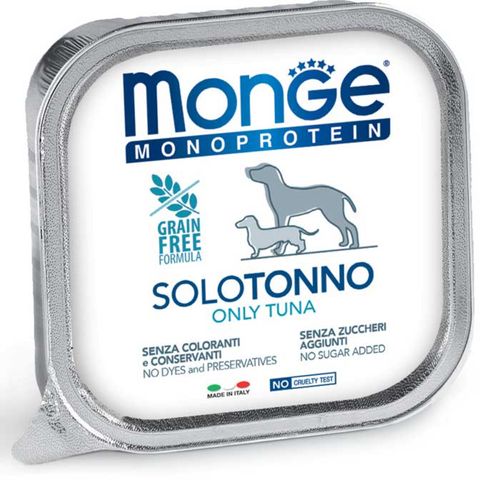 MONGE Monoprotein, XS-XL, Ton, tăviță hrană umedă monoproteică fără cereale câini, (pate), 150g