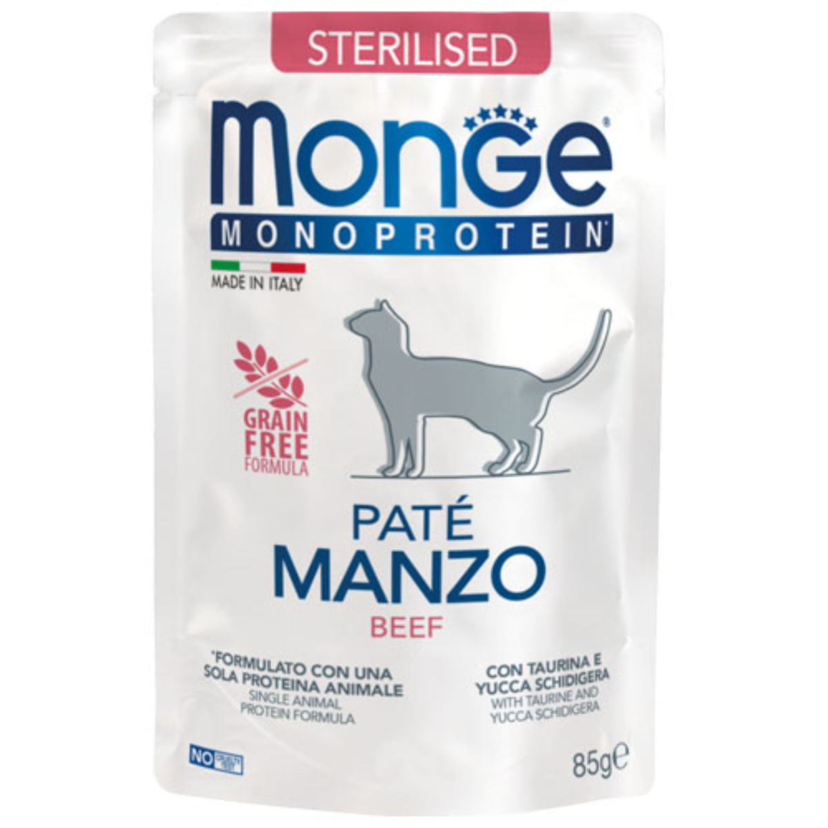 MONGE Monoprotein Sterilised, Vită, plic hrană umedă monoproteică fără cereale pisici sterilizate, (pate), 85g