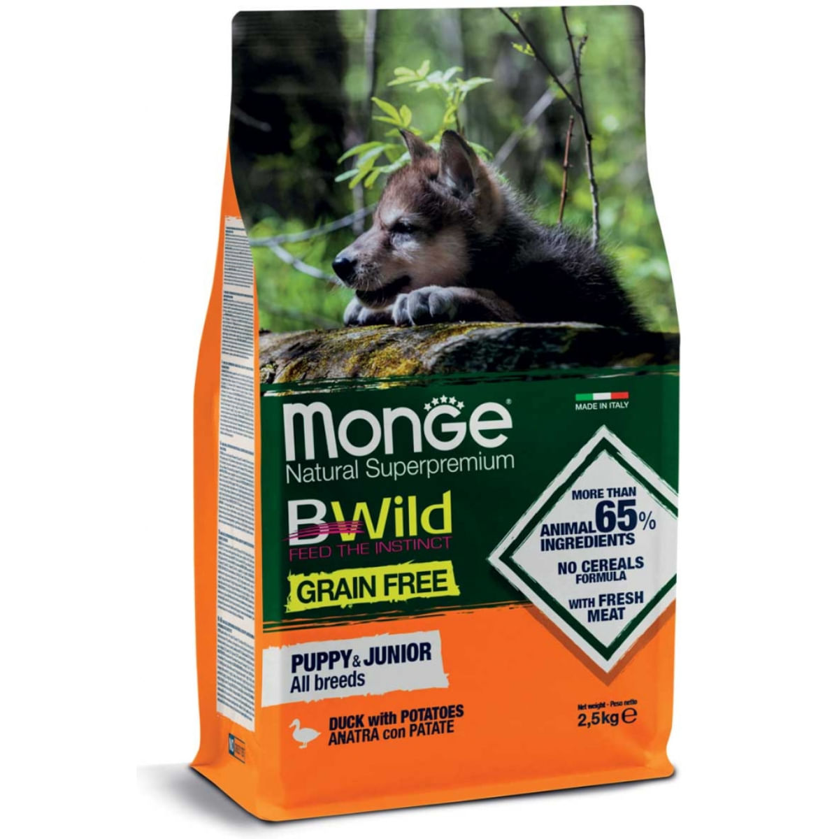 MONGE BWild Puppy & Junior, XS-XL, Rață și Cartofi, hrană uscată fără cereale câini junior, 2.5kg