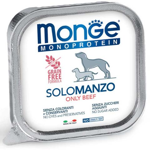 MONGE Monoprotein, XS-XL, Vită, tăviță hrană umedă monoproteică fără cereale câini, (pate), 150g