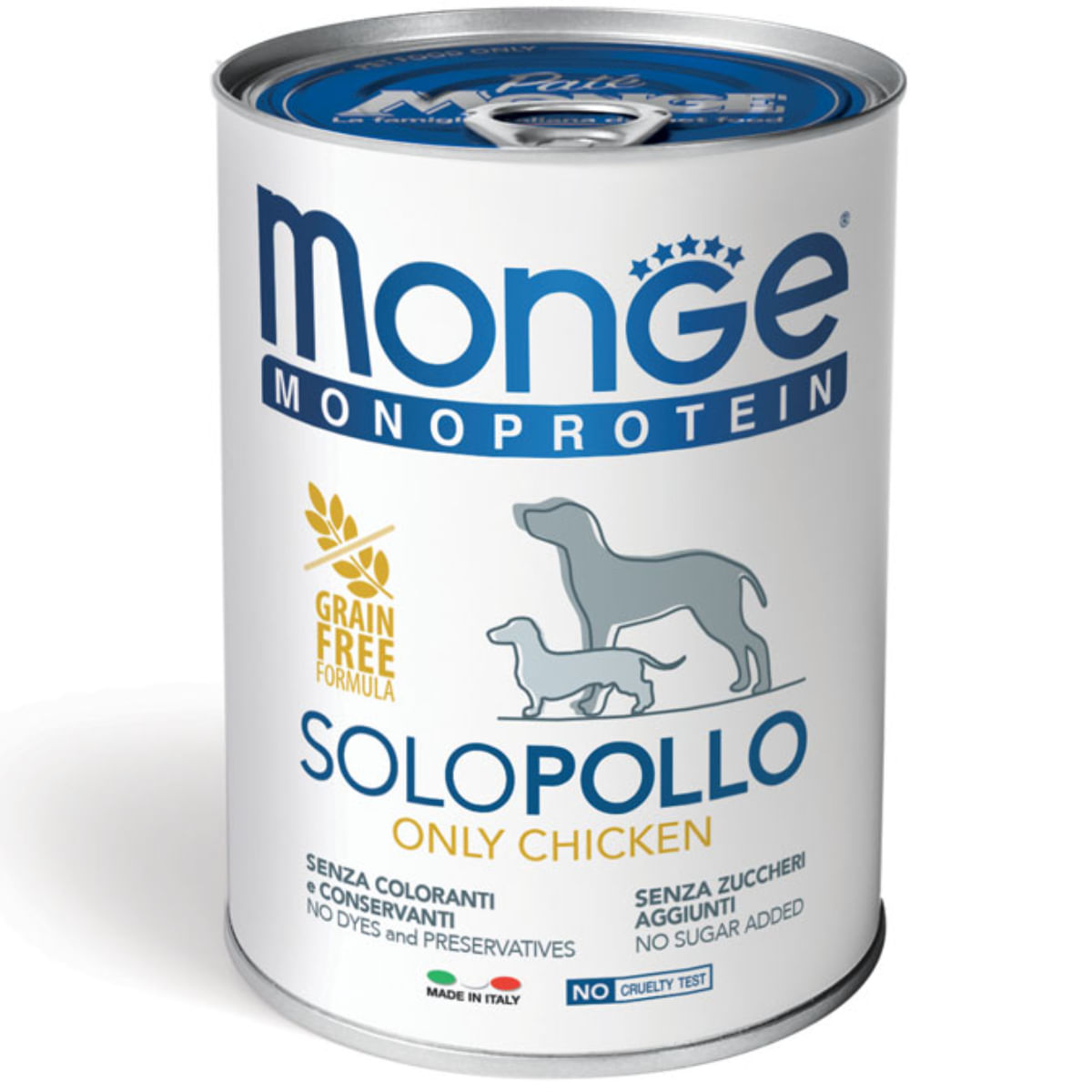 MONGE Monoprotein, XS-XL, Pui, conservă hrană umedă monoproteică fără cereale câini, (pate), 400g