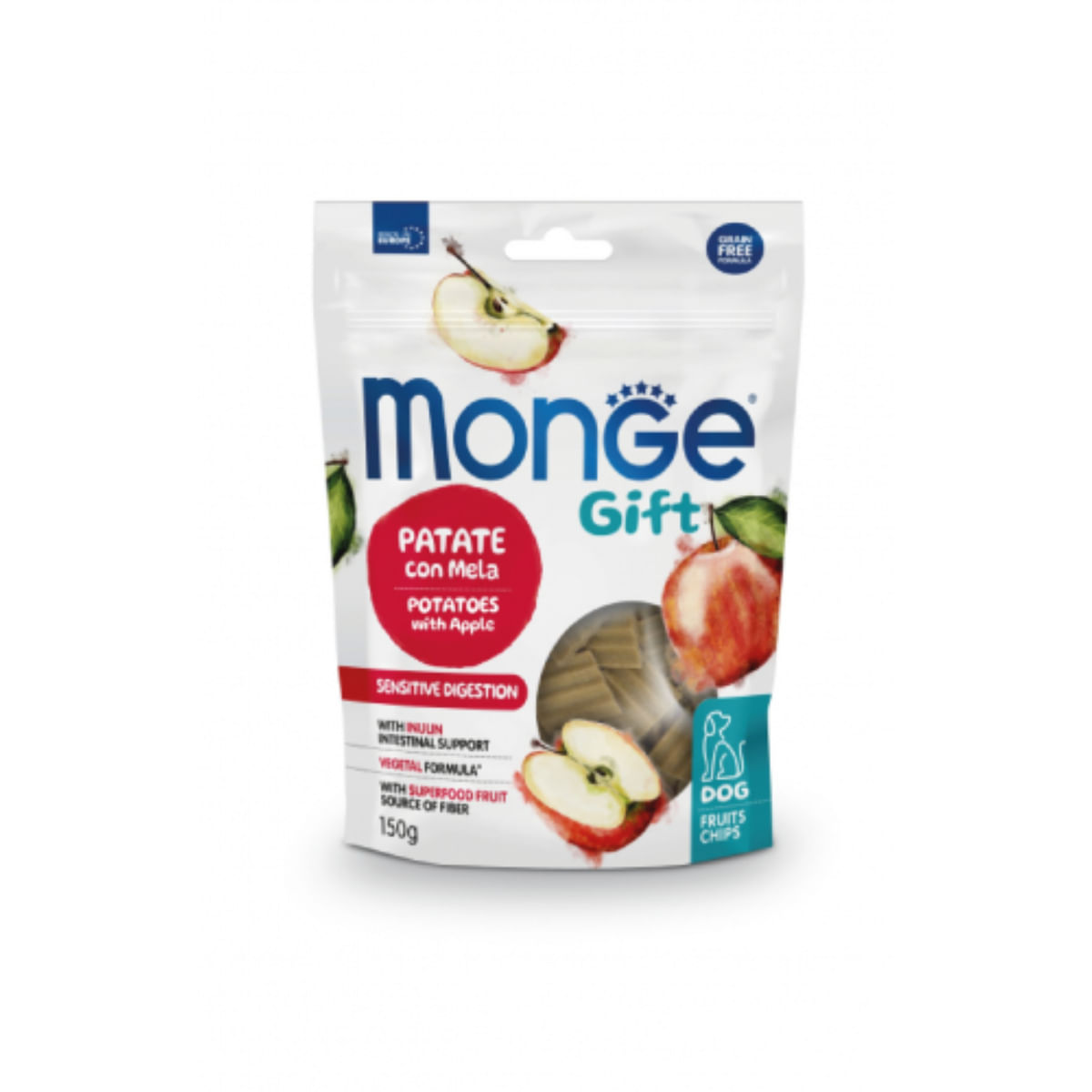 MONGE Gift Super M Sensitive Digestion, XS-XL, Cartofi și Banane, punguță recompense funcționale fără cereale câini, sistem digestiv, 150g