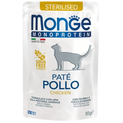 MONGE Monoprotein Sterilised, Pui, plic hrană umedă monoproteică fără cereale pisici sterilizate, (pate), 85g