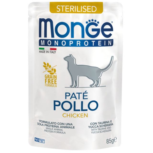 MONGE Monoprotein Sterilised, Pui, plic hrană umedă monoproteică fără cereale pisici sterilizate, (pate), 85g