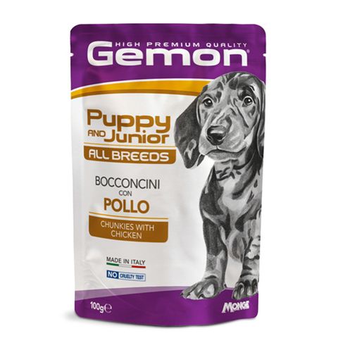 GEMON All Breeds Puppy and Junior, XS-XL, Pui, plic hrană umedă fără cereale câini junior, (în aspic), 100g