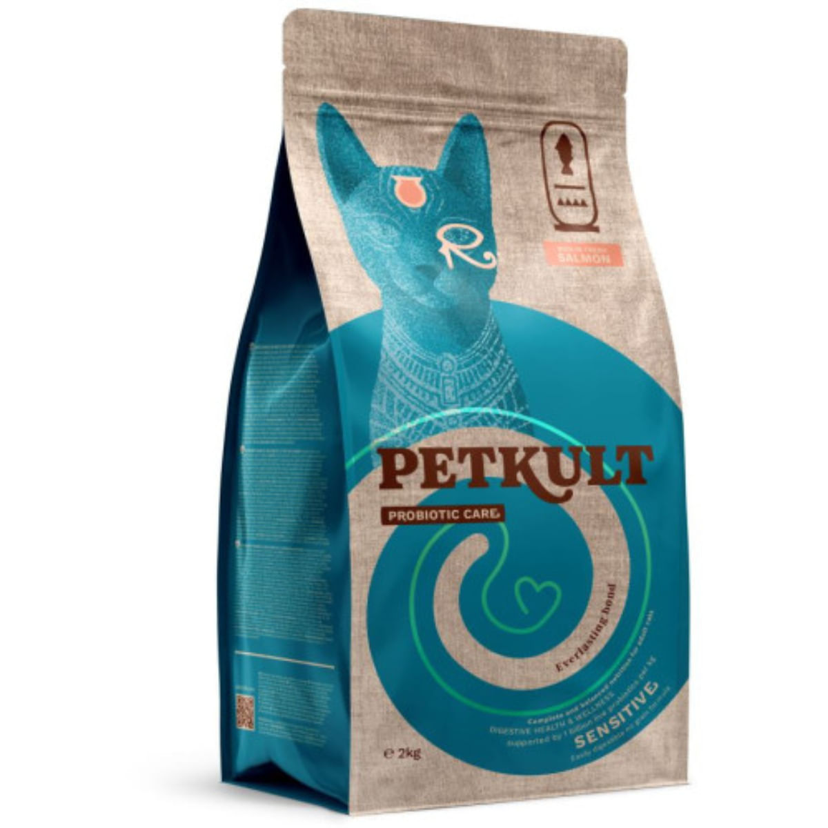 PETKULT Probiotic Care Sensitive, Somon și Curcan, hrană uscată fără cereale pisici, sistem digestiv, 2kg