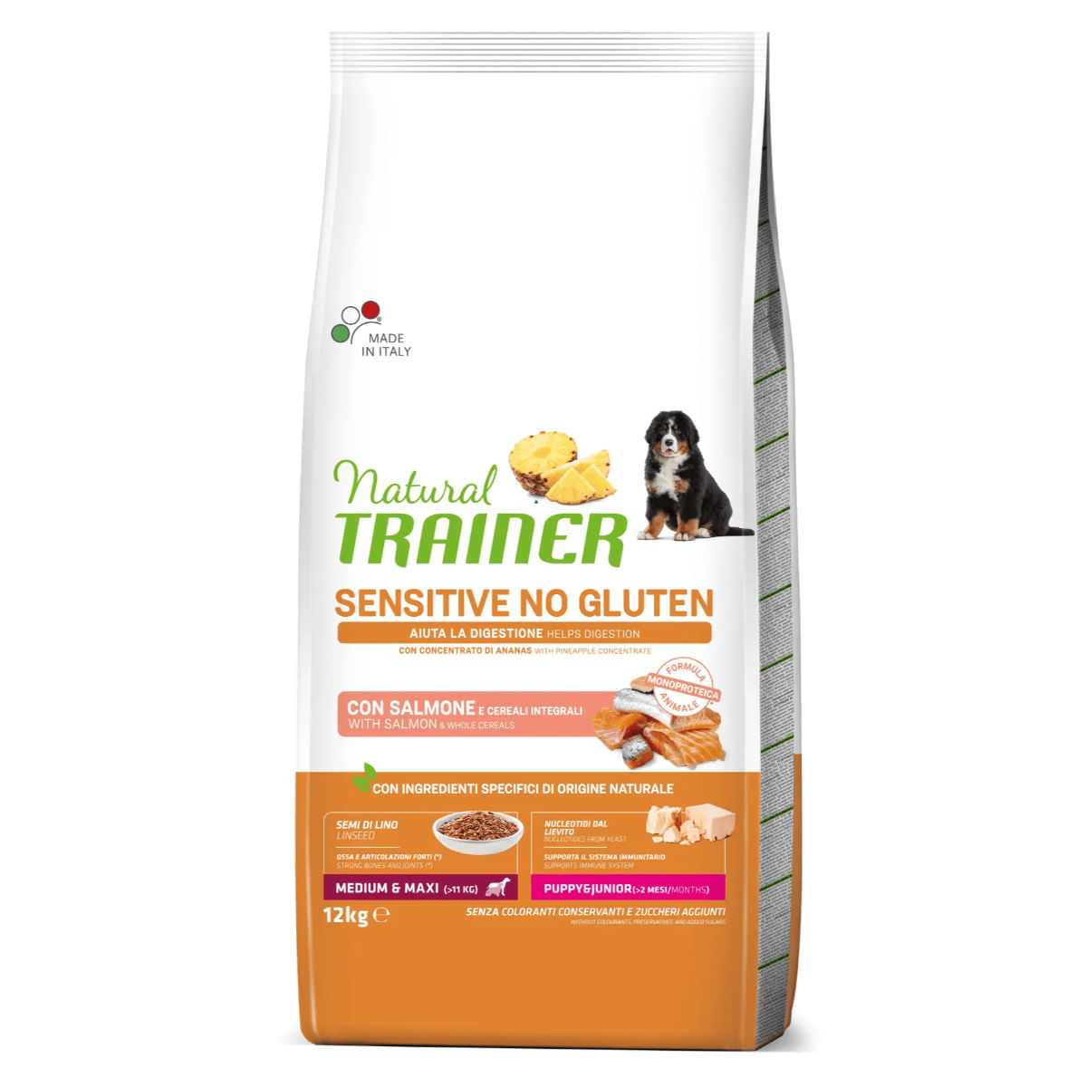 NATURAL TRAINER Sensitive No Gluten Puppy & Junior, M-XL, Somon, hrană uscată monoproteică câini junior, sistem digestiv, 12kg - 1 | YEO