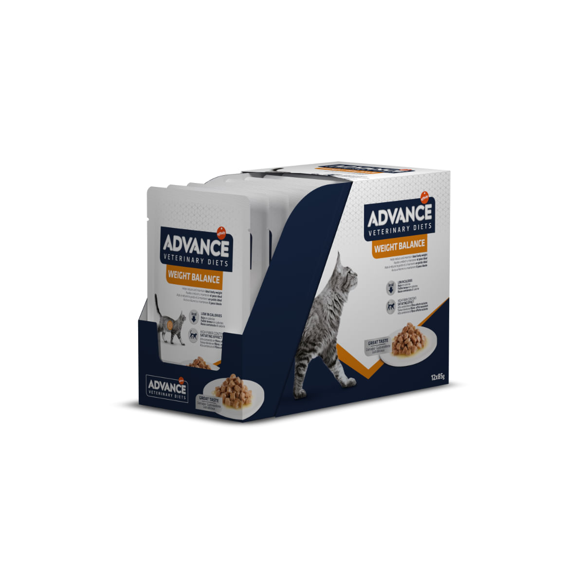 ADVANCE VETERINARY DIETS Weight Balance, Carne, plic hrană umedă pisici, obezitate, (în sos), bax, 85g x 12buc