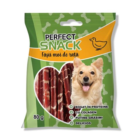 PERFECT SNACK Fâșii Moi, XS-XL, Rață, punguță recompense câini, 80g