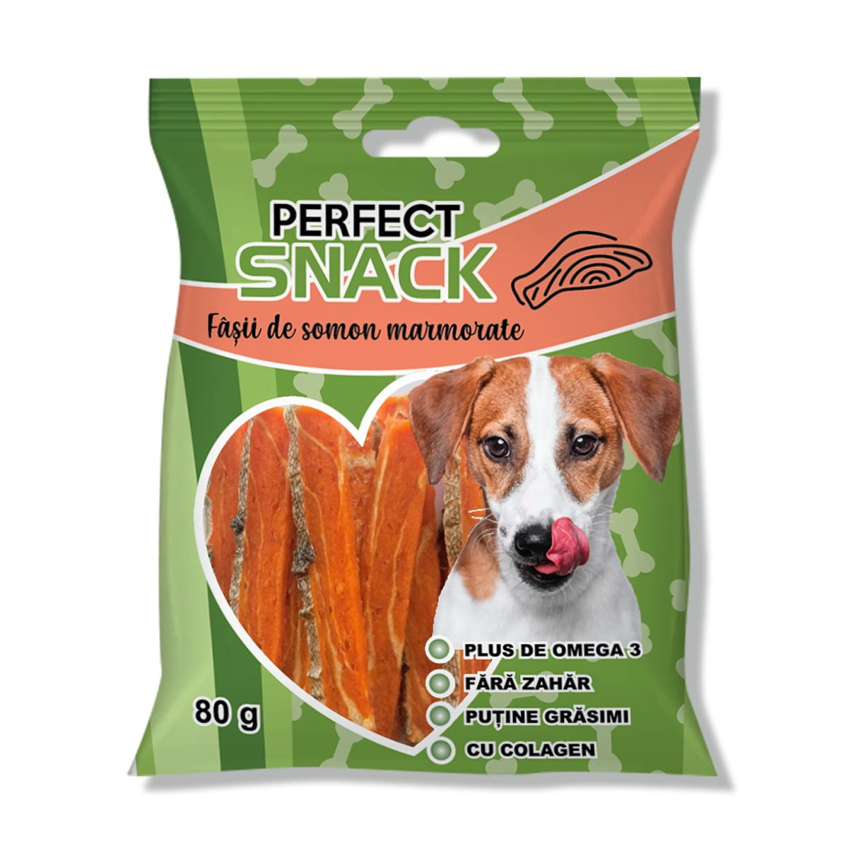 PERFECT SNACK Fâșii marmorate, XS-XL, Somon, punguță recompense câini, 80g - 1 | YEO