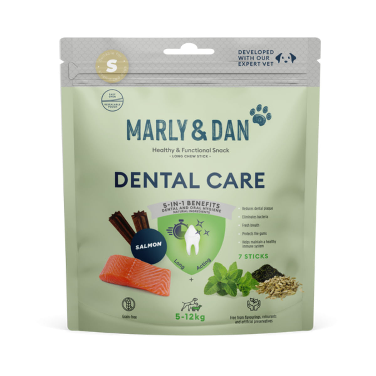 MARLY&DAN Dental Care Sticks, XS-S, Somon, punguță recompense funcționale fără cereale câini, sensibilități dentare, 100g - 1 | YEO