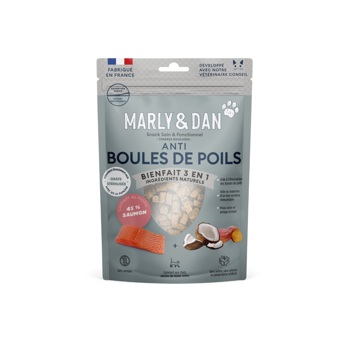 MARLY&DAN Hairball, Somon, punguță recompense funcționale fără cereale pisici sterilizate, limitarea ghemurilor de blană, 40g - 1 | YEO
