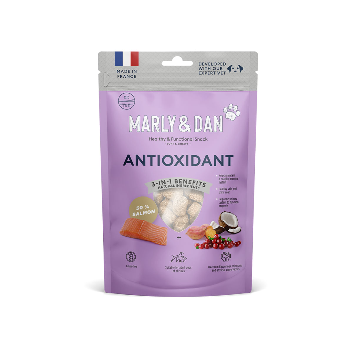 MARLY&DAN Antioxidant, XS-XL, Somon, punguță recompense funcționale fără cereale câini, activitate intensă, 100g - 1 | YEO