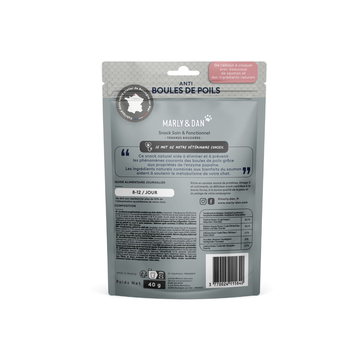 MARLY&DAN Hairball, Somon, punguță recompense funcționale fără cereale pisici sterilizate, limitarea ghemurilor de blană, 40g - 2 | YEO