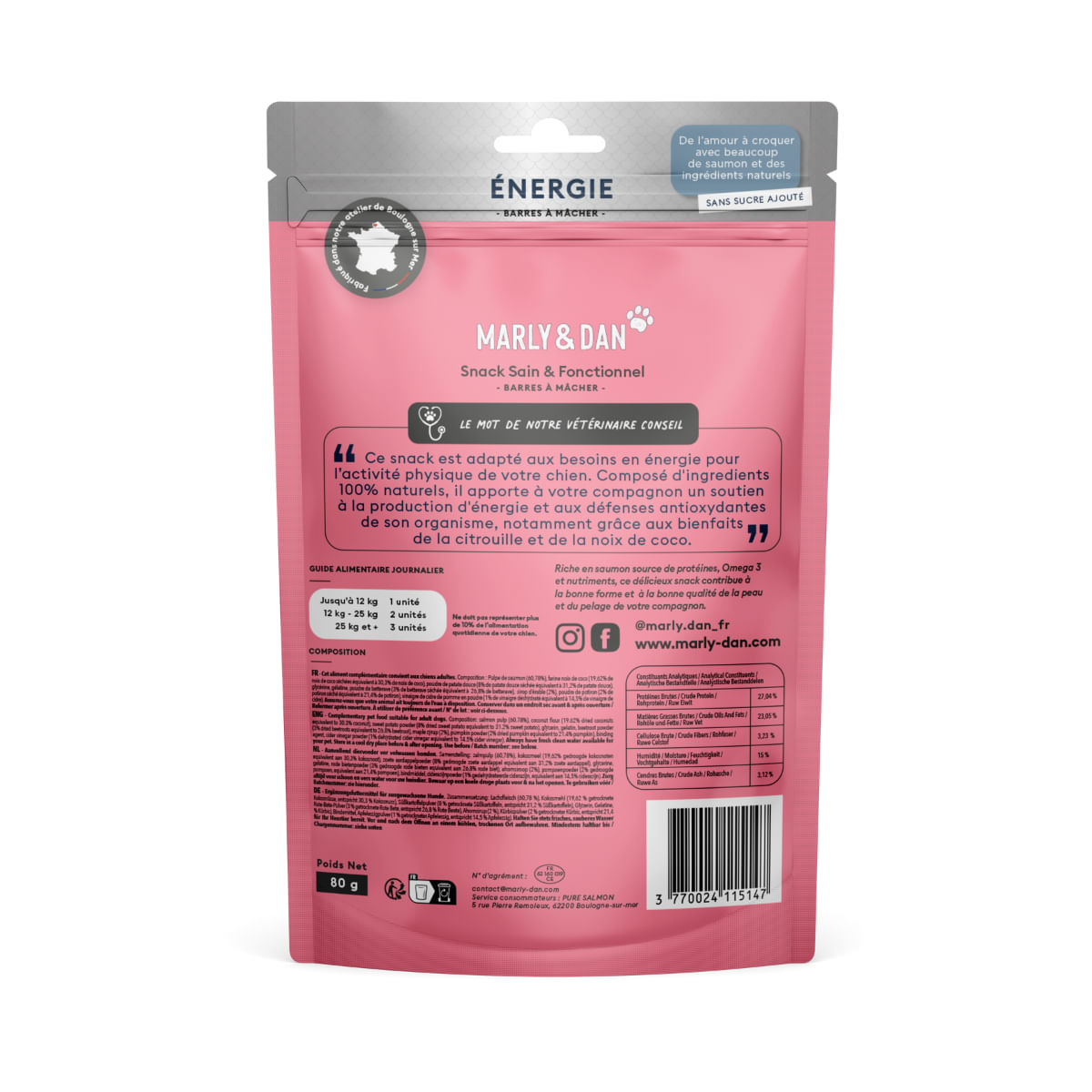MARLY&DAN Energy, XS-XL, Somon, punguță recompense funcționale fără cereale câini, activitate intensă, 80g - 2 | YEO