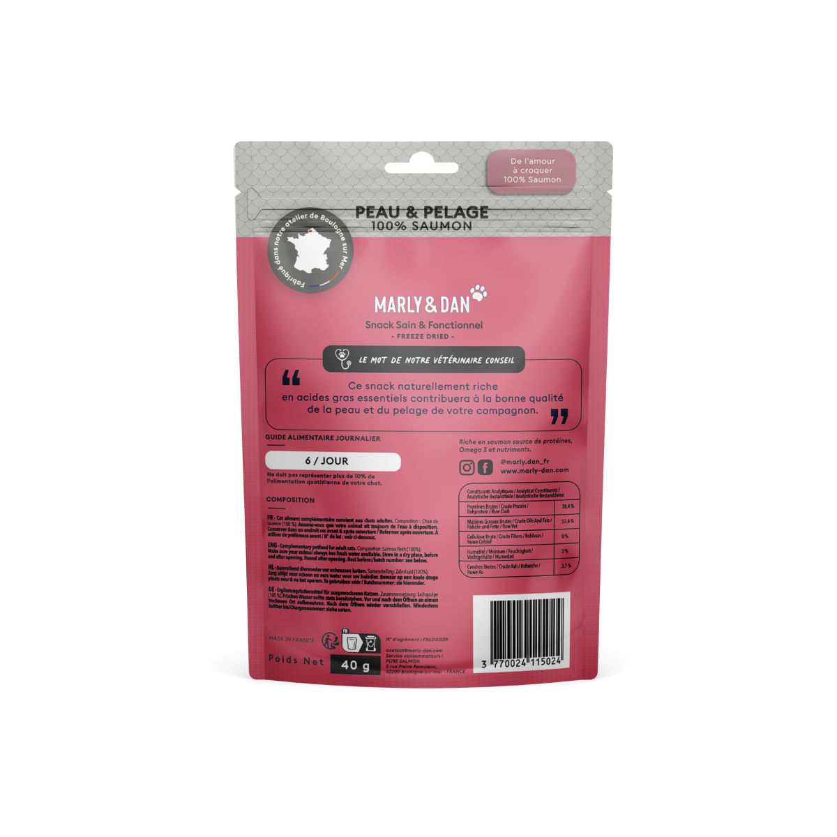 MARLY&DAN Skin & Coat Booster Omega3, Somon, punguță recompense funcționale monoproteică fără cereale pisici, piele & blană, 40g - 2 | YEO