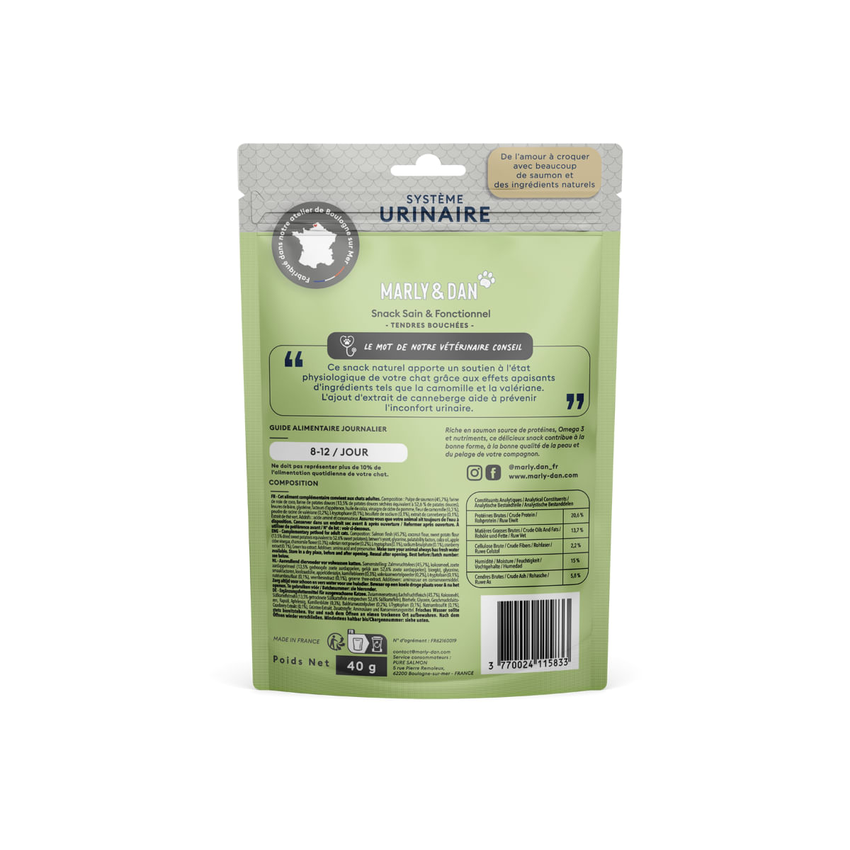 MARLY&DAN Urinary, Somon, punguță recompense funcționale fără cereale pisici sterilizate, sistem urinar, 40g - 2 | YEO