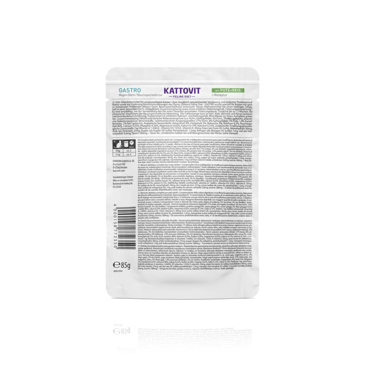 KATTOVIT Gastro, Curcan și Orez, dietă veterinară, plic hrană umedă pisici, sistem digestiv, (în sos), 85g - 2 | YEO