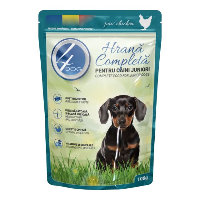 4DOG Junior, XS-XL, Pui, plic hrană umedă câini junior, (în sos), 100g
