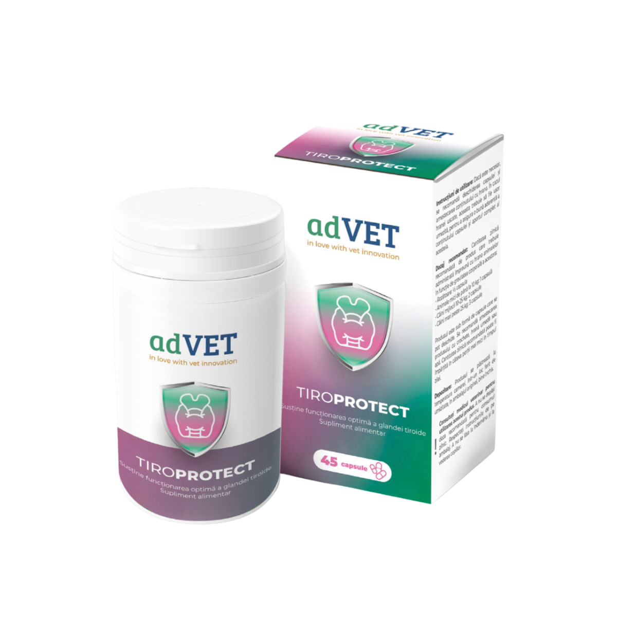 ADVET TiroProtect, supliment sistem imunitar, tiroidă câini, capsule ADVET TiroProtect, XS-XL, supliment sistem imunitar, tiroidă câini și pisici, flacon, 45 capsule - 1 | YEO