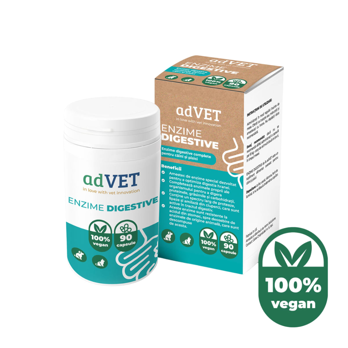 ADVET Enzime Digestive, supliment sistem digestiv câini, capsule ADVET Enzime Digestive, XS-XL, supliment sistem digestiv câini și pisici, flacon, 90 capsule - 1 | YEO